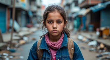 Fototapeta premium Homeless young Caucasian girl in a deserted street background portrait facing forward