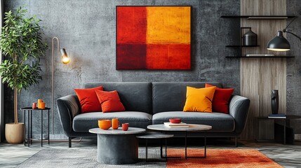 Modern living room with gray sofa, orange and red accents, and abstract art.