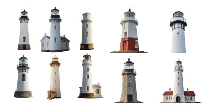 Collection of Unique Lighthouses from Various Angles, PNG collection, set bundle, isolate on transparent or white background