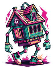 A whimsical cartoon house with bold outlines, walking on two legs and waving with two arms.  Create a cheerful, childlike illustration.