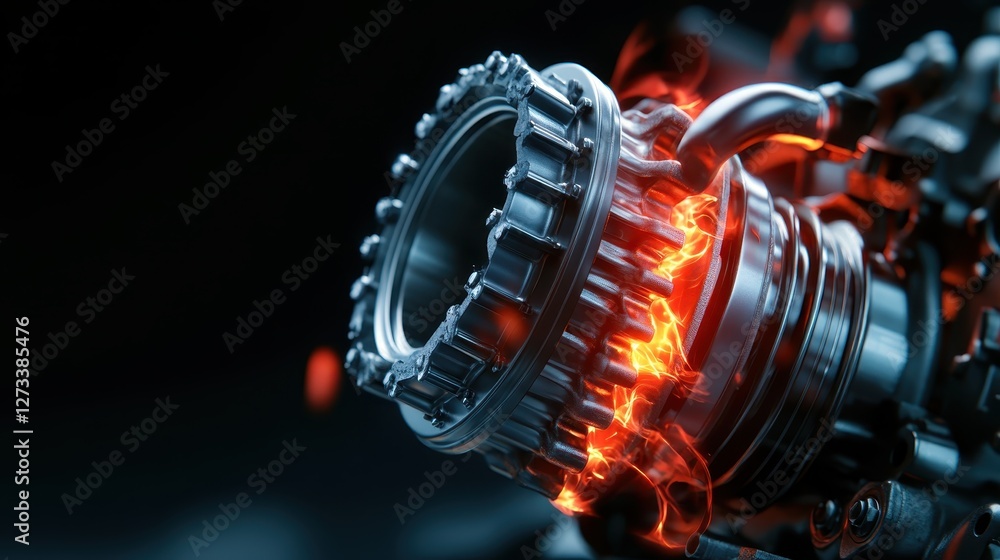 Poster a close-up of a turbo engine component with vivid heat effects showcases the intricate mechanical de