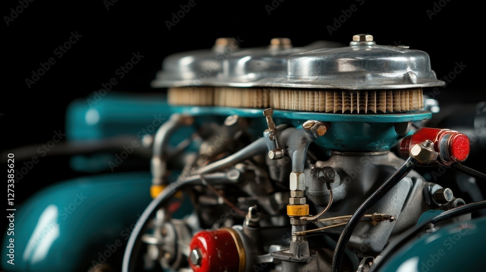 Poster a close-up view of a vintage engine presents an array of intricate details, emphasizing its classic 