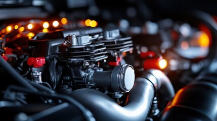 The image depicts an intricate engine layout illuminated by soft lighting, revealing the beauty of mechanical engineering and the sophisticated design elements of modern engines.