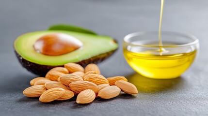 Fresh avocado, almonds, and oil on slate surface for natural cooking and health