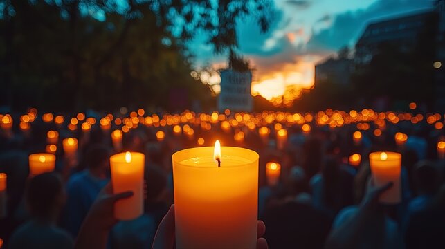A crowd holding candles during a peaceful protest at dusk, symbolizing solidarity 