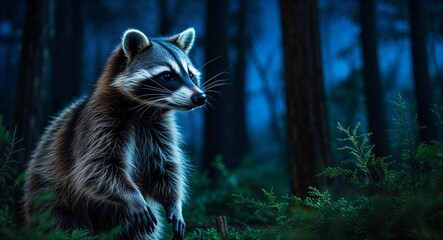 Fototapeta premium Raccoon in forest at night background side view portrait
