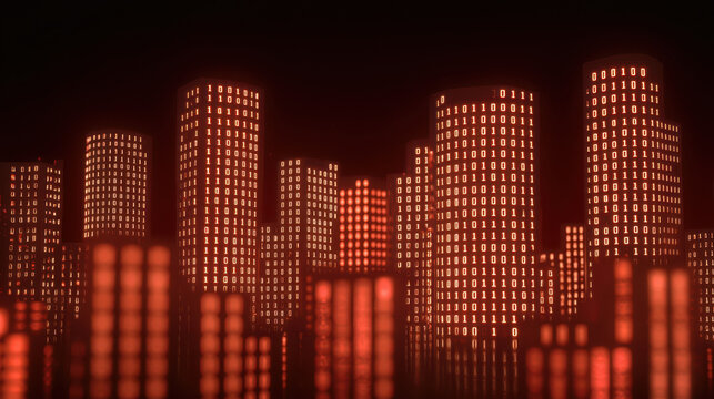 futuristic city skyline illuminated with binary code in red tones