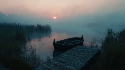 Small boat tied to a wooden dock at sunrise
