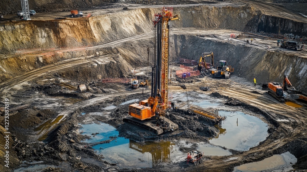 Poster the process of well drilling at a remote location, where large machines are set up to access undergr