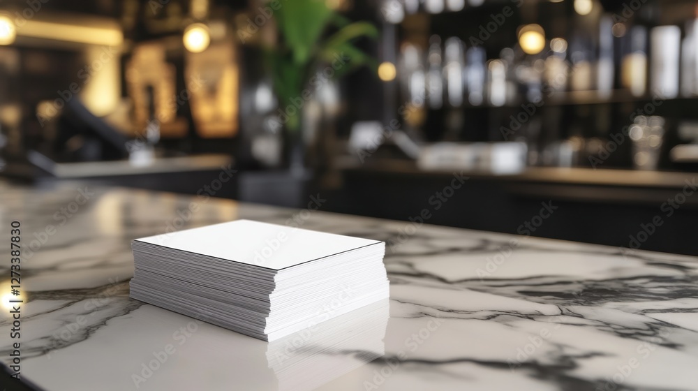 Poster close-up of a stack of keycards neatly placed on a polished front desk counter.