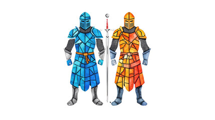 Two Heroic Medieval Knights in Colorful Armors Holding Swords and Shields