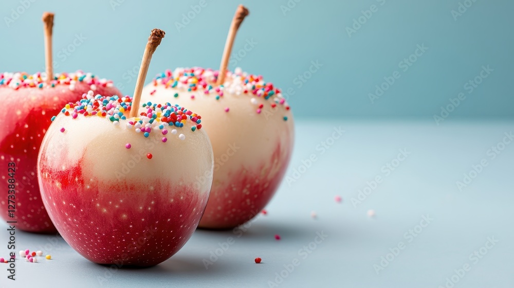 Poster an inviting display of artisan candy apples, each topped with a generous layer of colorful sprinkles