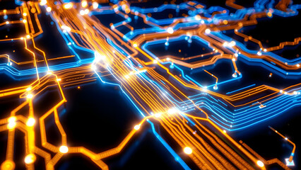 Circuit Board Pattern with Glowing Blue and Gold Lines for High-Tech Design