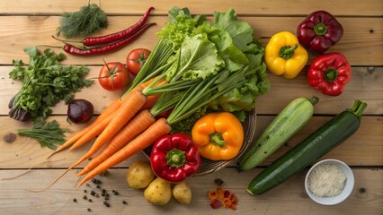 Fresh Vegetables and Herbs on Wooden Surface