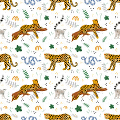 Colorful leopard pattern showcasing wildlife with plants and playful elements in a whimsical design