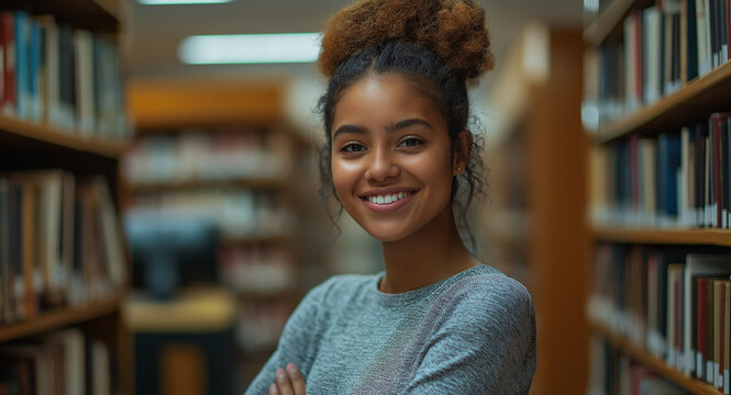 Smiling student in library during educational pursuit, academic success