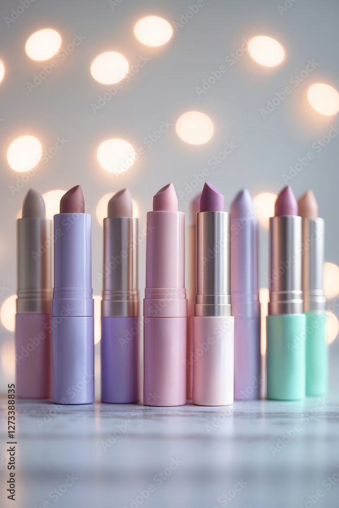 Poster colorful array of lipsticks arranged against soft bokeh background in a beauty studio setting