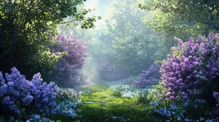 Digital painting of a landscape with blooming lavender fields and flowering trees. Scenic beauty, peaceful environment, countryside, nature, springtime, romantic setting, floral wonder. Generative AI