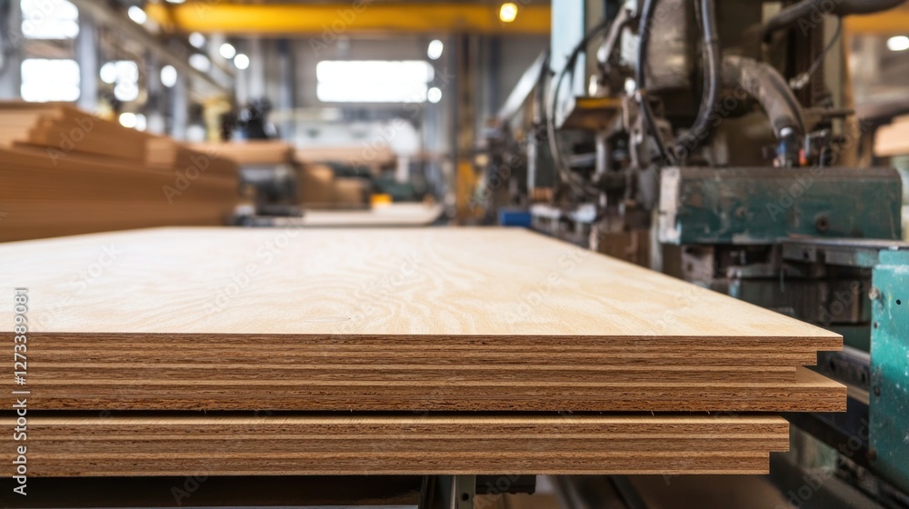 Poster plywood boards stacked in a factory setting close up view