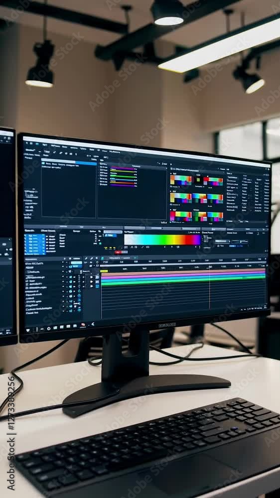Poster modern editing suite with dual monitors showcasing color grading workflow in creative studio