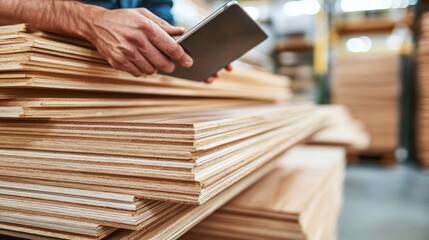 Obraz premium Person inspecting stacked plywood sheets with digital tablet