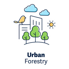 Urban Forestry Icon – Green Spaces and Tree Planting in Cities. Vector Editable Stroke.