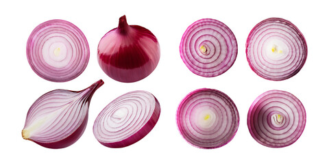Fresh Red Onions Isolated on Transparent Background in Different Cuts