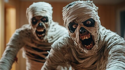 In this chilling scene, two mummy monsters emerge from the shadows, showcasing their tattered bandages and menacing expressions, evoking a sense of horror and suspense.