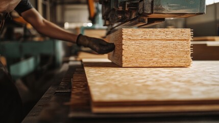 Worker places osb wood sheets under automated machine press