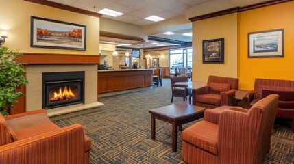 Cozy and warm lobby featuring a stylish fireplace, comfortable seating, and ambient lighting.