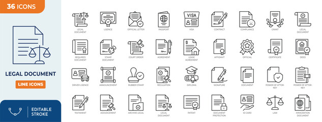 Legal document line editable icon set. Containing contract, certificate,  passport, ID card, agreement, license, patent, testament and more. Vector illustration