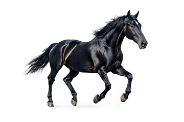 A black horse galloping isolated on white background