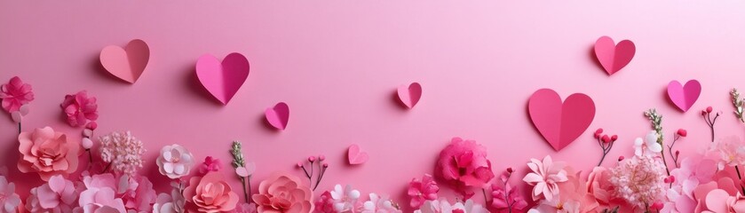 Pink background featuring paper hearts and various paper flowers
