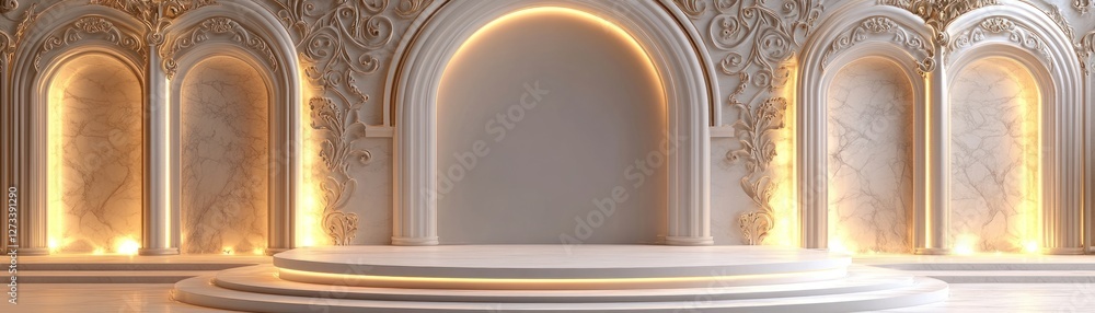 Poster Ornate architecture features arches columns and platform in bright lighting