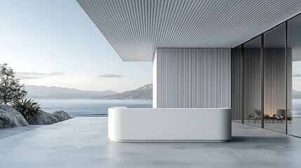 Modern reception desk on a terrace with sea view. Background mountains under the blue sky. Suitable for hotels