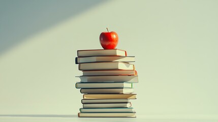 A neatly stacked pile of new textbooks, with a red apple placed on top, set against a white background.