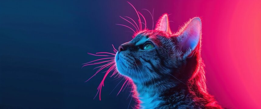 striking image of a cat with glowing whiskers and a captivating gaze, illuminated with vibrant neon lighting, creating a dramatic and colorful effect