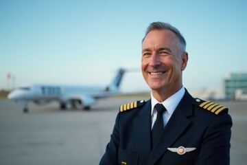 Head and shoulders portrait of a Norwegian smiling 50 years old male airplane captain pilot in uniform.