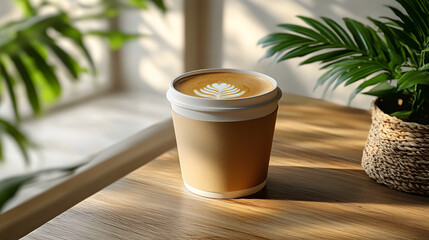 Realistic coffee cup mock-up on a wooden table, perfect for showcasing a custom logo or design. Warm, inviting atmosphere with natural textures.