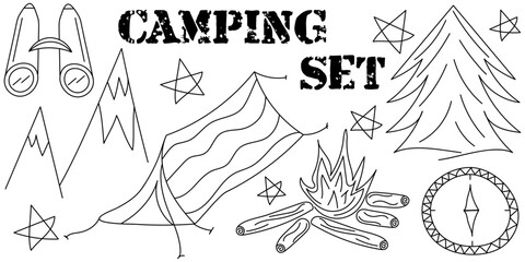 Camping black doodle set editable stroke: compass, campfire, binoculars, tent, mountains, spruce, stars. Vector hand drawn illustration in monochrome colours. Editable stroke	
