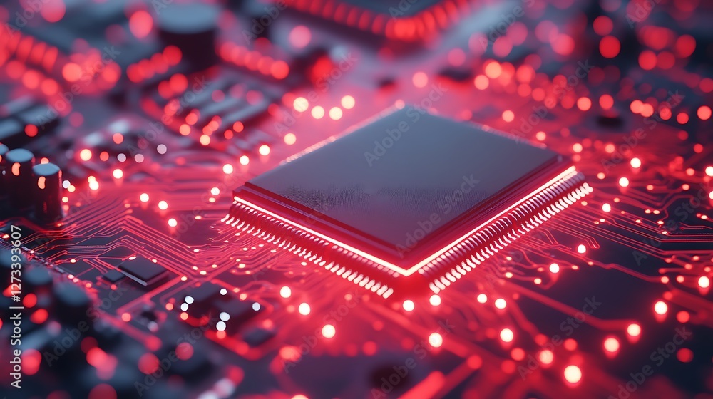Aufkleber close-up of modern computer chip with glowing red circuitry