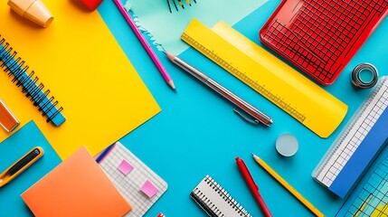 A website banner featuring an artistic arrangement of colorful school stationery items, designed to be eye-catching and informative.