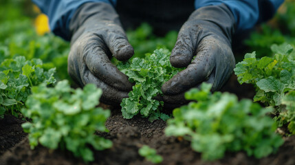 Farmer carefully inspects the growth of young plants in rich soil, ensuring a healthy crop