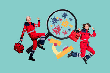 Exclusive art banner collage of two happy doctors workers run help carry first aid kit professional...