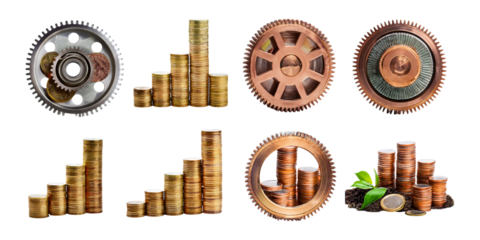 Metallic Gears and Stacked Coins on Transparent Background