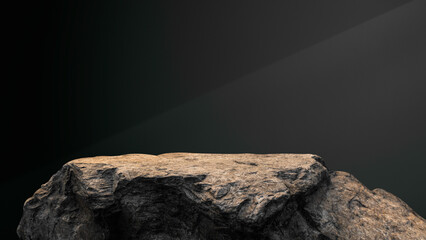 Rock, Stone Podium stand display advertising jewelry product, cosmetics with studio Dark light wall room background well free space for text, Cliff stone clipping paths