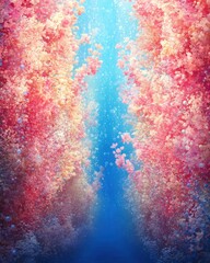 Obraz premium Pink coral reef, underwater scene, vibrant bubbles, aquatic background, nature wallpaper