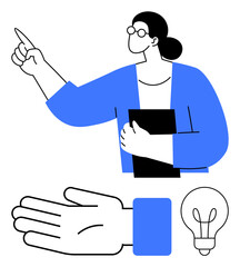 Woman wearing glasses points upwards, holding a book in the other hand. Outstretched hand and light bulb symbols suggest guidance, giving, direction, ideas, creativity, innovation teaching. Line