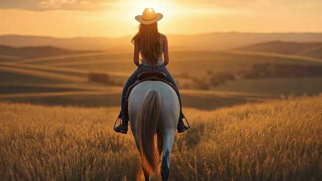 In a field, a woman is mounted on a horse.