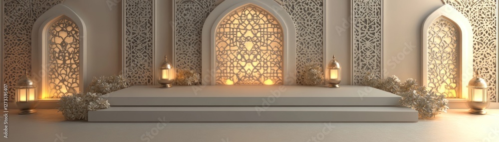 Poster intricate islamic design featuring arches lanterns and platform display
